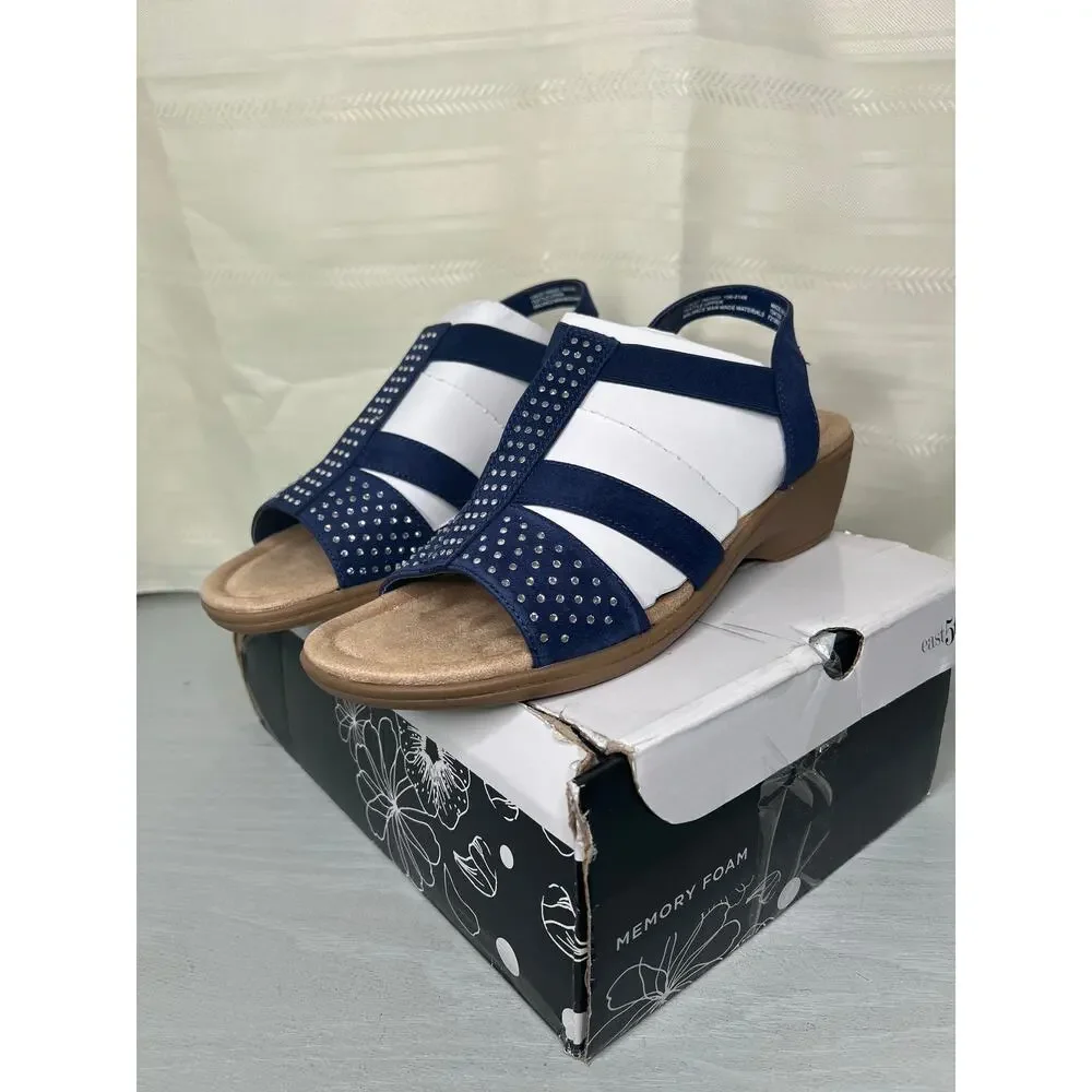 NWT East 5th Womens 11 M Navy Blue Studded Slingback Platform Sandal Shoes
